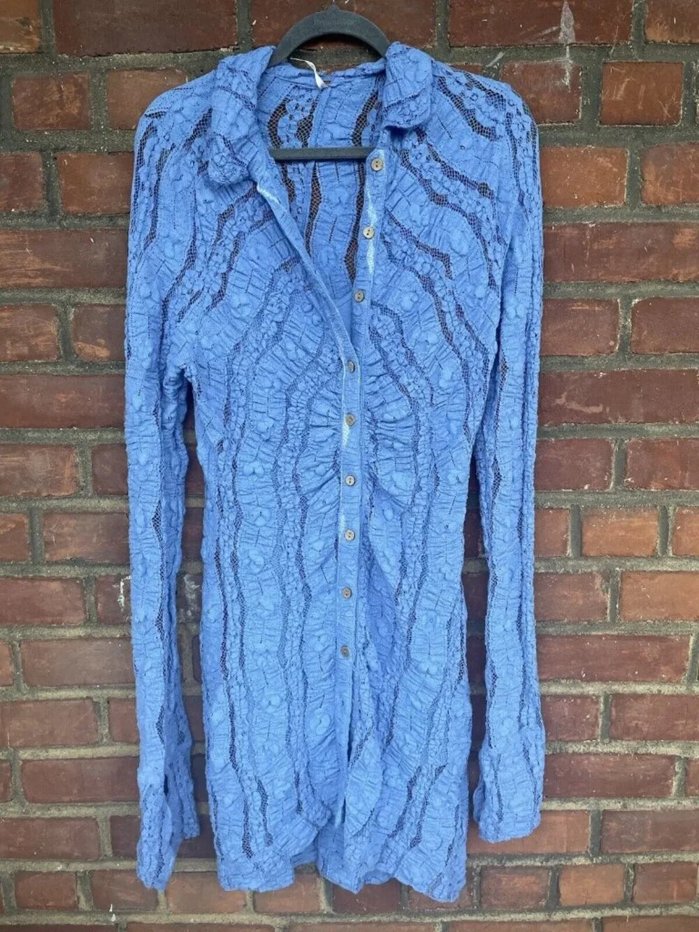 Free People Shayla Lace Mini Dress Periwinkle Blue L/S Ruched Button Front M NWT